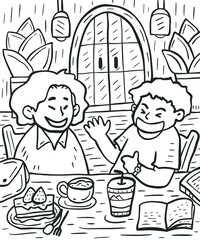 friends hanging out in cafe doodle sketch illustration
