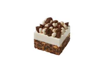 delicious square cake with cream and chocolate toppings . Isolated on transparent background, png