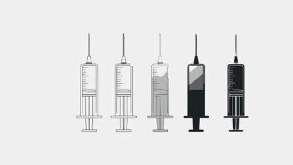 Five medical syringes in various designs and colors with plain background