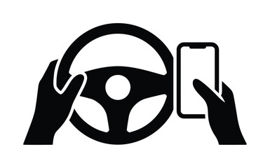 Black vector icon shows steering wheel and mobile phone usage
