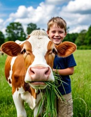 Boy smiling with a cow holding grass in a green field