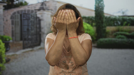 Middle age hispanic woman smiles while holding temples by a stone building entrance with green...