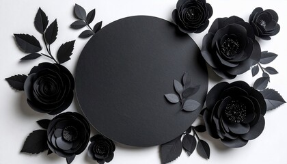 Black paper flowers and leaves surround a circular dark space, white background