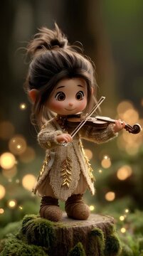 Una joven elfa interpreta el viol&iacute;n sobre un toc&oacute;n cubierto de musgo en un bosque m&aacute;gico.