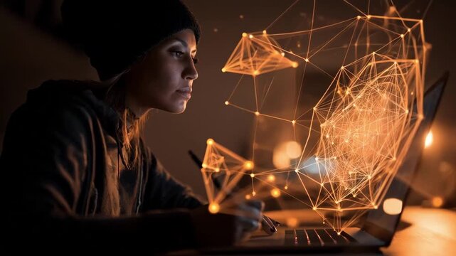 Medium shot of a digital artist using blockchain technology to register art highlighting secure ownership proof and authentication processes.