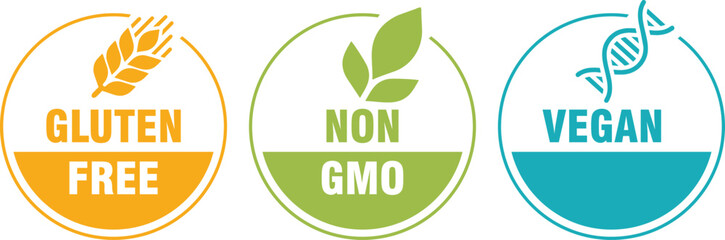 Set of 'Gluten Free', 'Non GMO', 'Vegan' Product Label Icons. Vector Badges Isolated on White Background.