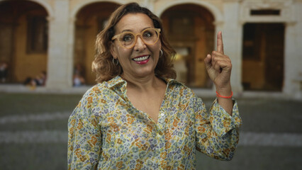 Woman in floral blouse and glasses finger pointing upward at building facade; optimism confidence inspiration hope.
