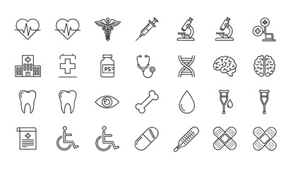 Medical Healthcare Icons Set Cardiology Neurology Dentistry Pharmacy and More Keywords: healthcare, medical, icon, set, cardiology, heart, pulse, electrocardiogram, caduceus, symbol, medicine