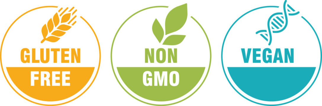 Set of 'Gluten Free', 'Non GMO', 'Vegan' Product Label Icons. Vector Badges Isolated on White Background.