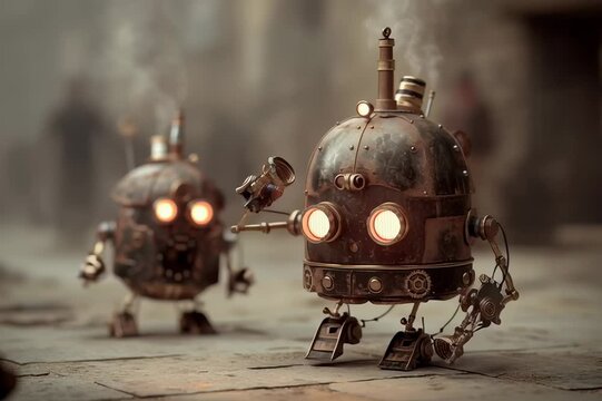Dos aut&oacute;matas steampunk con expresiones curiosas observan al espectador en un entorno industrial desolado.