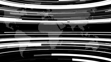 World Map Overlay on Abstract Black and White Horizontal Streaks Motion Background globe - Powered by Adobe