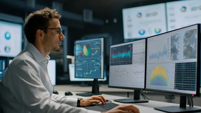 Medium shot of a professional analyzing predictive models for waste volume focusing on screen visuals showing dynamic data and forecasting algorithms.