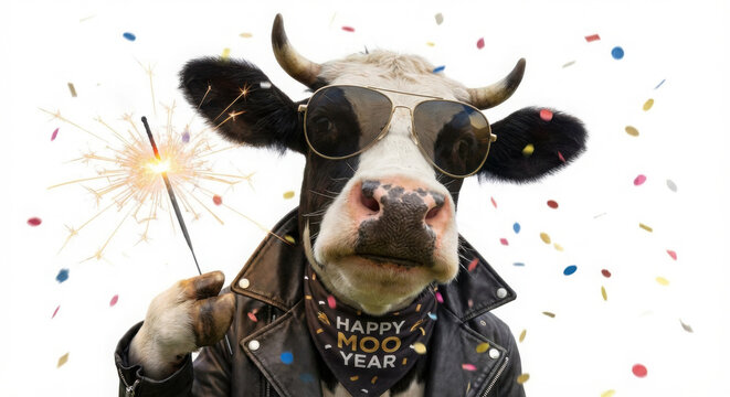 Humorous Cow Wearing Sunglasses and Leather Jacket Holding Sparkler, "Happy Moo Year" Bandana, Confetti Falling isolated PNG with Transparent Background