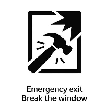 Vector icon depicts hammer breaking window for emergency exit