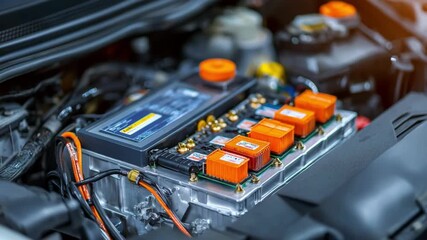Medium shot of a hybrid car battery undergoing advanced diagnostics to optimize energy range and boost vehicle mileage efficiency