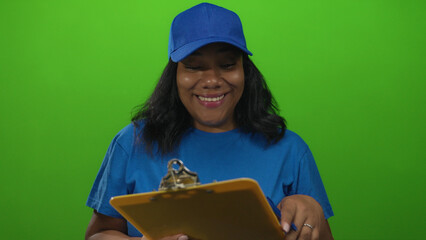 Courier woman writes delivery details on a clipboard in studio; efficiency and professionalism define the service.