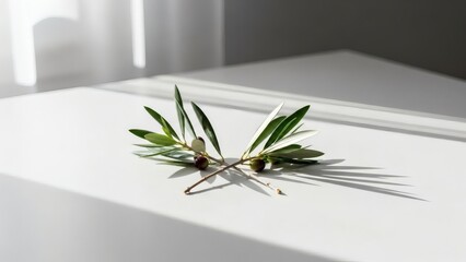 Delicate olive branch casting a long shadow on a minimalist white surface with soft light.