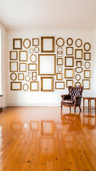 A gallery wall with a diverse collection of empty picture frames.