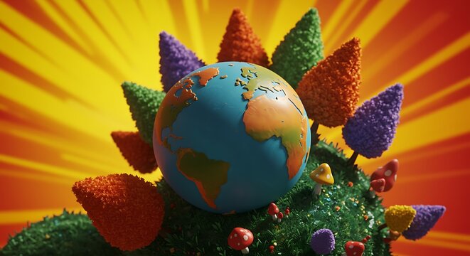 earth globe on green grass with colorful trees and mushrooms around - Powered by Adobe