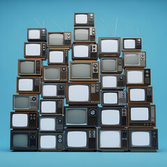 A large stack of vintage retro television sets.