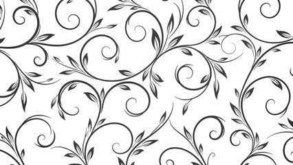 Elegant Black and White Floral Swirl Pattern with Leaves on a Bright White Background