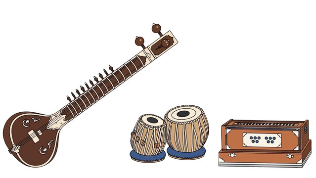 Traditional Indian Musical Instruments Sitar, Tabla, and Harmonium, Illustrating Indian Classical Music on Isolated White Background