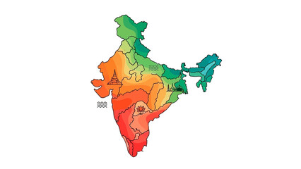 Colorful Watercolor Map of India Depicting Regional Diversity on an Isolated White Background
