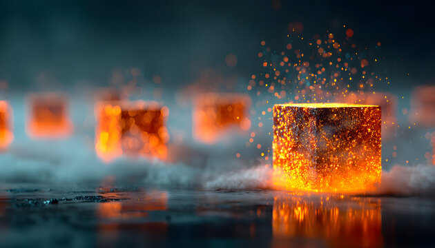 Glowing cubes levitate in misty digital space. Geometric shapes emit orange light, suggesting data energy. Futuristic platforms form abstract background for tech concepts. Deep blue light beams - Powered by Adobe