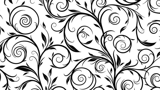 Elegant Black and White Seamless Floral Swirl Pattern with Decorative Vines and Leaves on a White Background