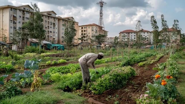 Medium shot capturing a periurban plot where multiple crop types thrive amid surrounding residential buildings with a farmer harvesting fresh produce