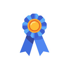 Blue award ribbon rosette badge with tails, icon, isolated flat style vector illustration