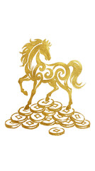 Golden Gallop Horse on a pile on Gold coin and Gold ingot for Chinese new year 2026 - isolated on transparent background