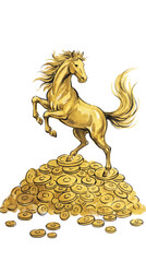 Golden Gallop Horse on a pile on Gold coin and Gold ingot for Chinese new year 2026 - isolated on transparent background