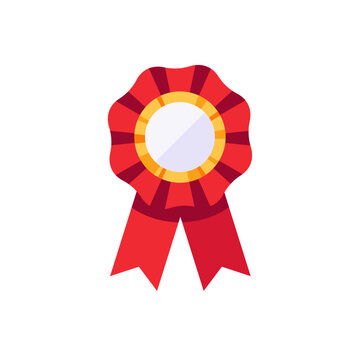 Red rosette ribbon award badge with tails, icon, isolated flat style vector illustration