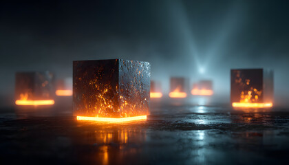 Glowing cubes levitate in misty digital space. Geometric shapes emit orange light, suggesting data energy. Futuristic platforms form abstract background for tech concepts. Deep blue light beams