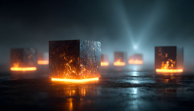 Glowing cubes levitate in misty digital space. Geometric shapes emit orange light, suggesting data energy. Futuristic platforms form abstract background for tech concepts. Deep blue light beams - Powered by Adobe
