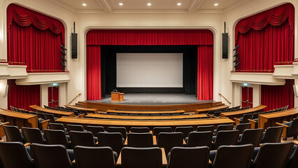 Auditorium with Red Curtains and Empty Seats.
