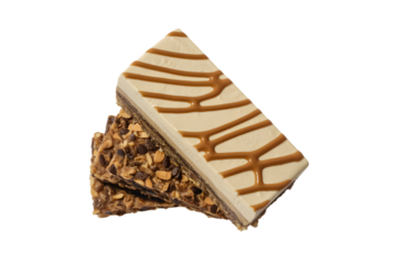 delicious layered dessert with crunchy nuts and caramel drizzling  . Isolated on transparent background, png