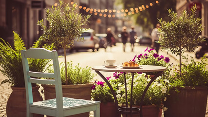 Cafe table and chair with plants a charming outdoor scene.