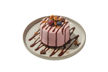 deliciously decorated mini cake with chocolate syrup . Isolated on transparent background, png