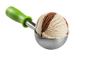 delicious ice cream scoop in the silver scoop . Isolated on transparent background, png