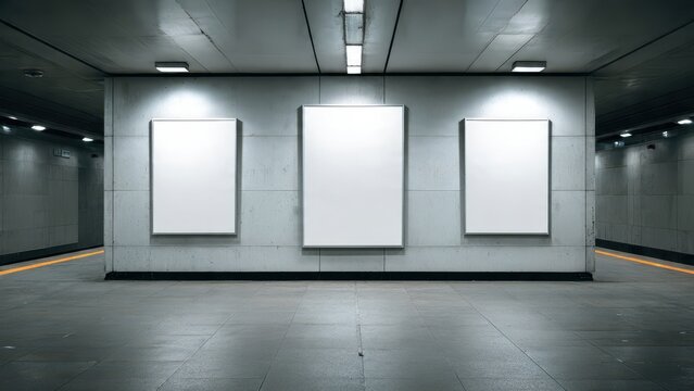 Three blank vertical billboards mockup display on a textured concrete wall in an empty, dark underground metro station. Advertising space template ready for design in a modern transit hub.