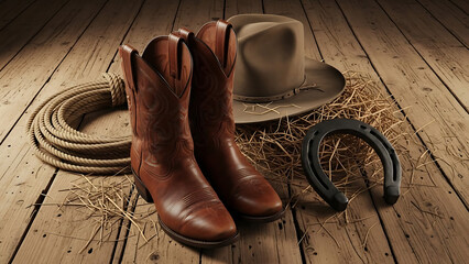 Cowboy boots and hat with horseshoe and rope on wooden surface.