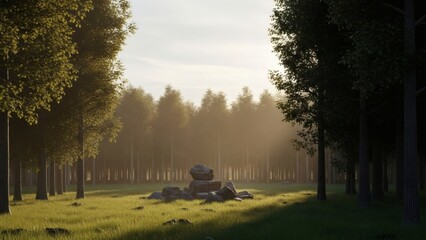 Serene forest clearing bathed in warm sunlight, with a circle of stones at its center.