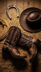 Cowboy Still Life Boots Hat Horseshoe and Lasso on Hay.