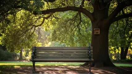 Tranquil park bench bathed in warm sunlight beneath a majestic, ancient tree.