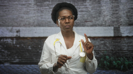 Woman doctor in white lab coat with yellow stethoscope examines her hand, tapping palm and checking pulse while wearing glasses on a street; concentration care.