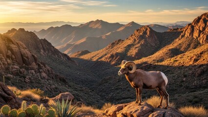 Majestic ram surveys vast desert landscape at sunrise