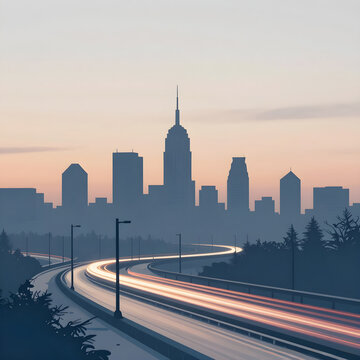 City skyline with light trails on winding highway