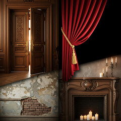 Elegant Interior Design with Ornate Fireplace and Grand Doors.